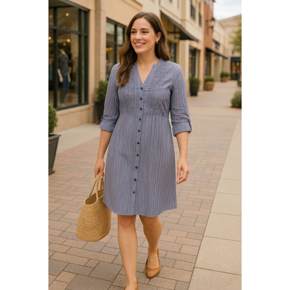 NWT Delia’s Dress M Blue Stripe Cotton Button Up 3/4 Roll Tab Sleeves Y2K Casual